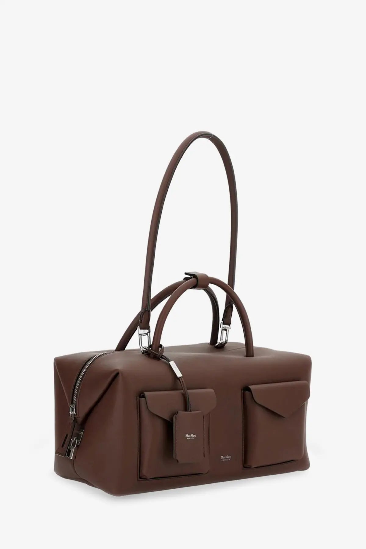 Max mara women’s holdall cargo leather handbag in brown with two front flap pockets and a top handle brown leather duffel bag