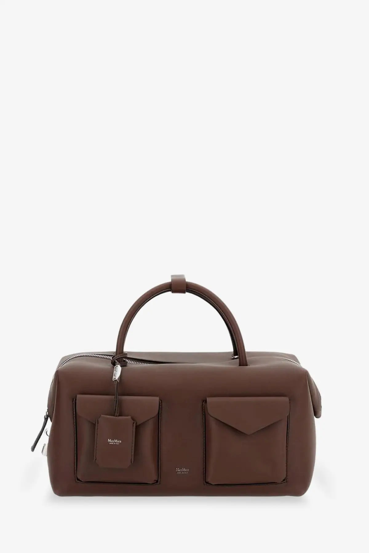 Brown leather duffel bag with two front pockets and top handle from Max Mara women’s holdall cargo collection