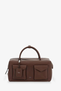 Brown leather duffel bag with two front pockets and top handle from Max Mara women’s holdall cargo collection