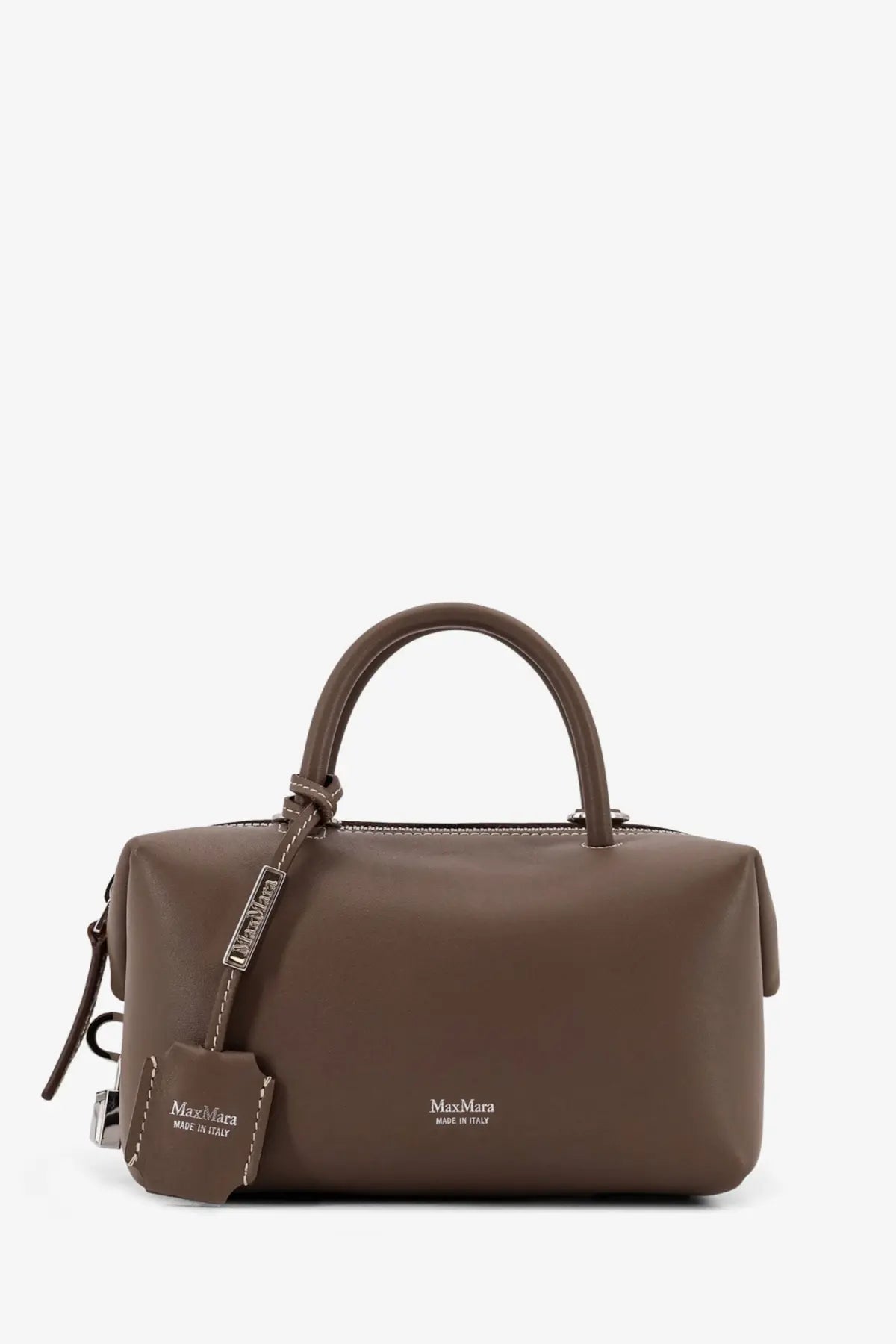 Brown leather max mara women’s holdalls handbag with structured rectangular shape and top handle in gold hardware
