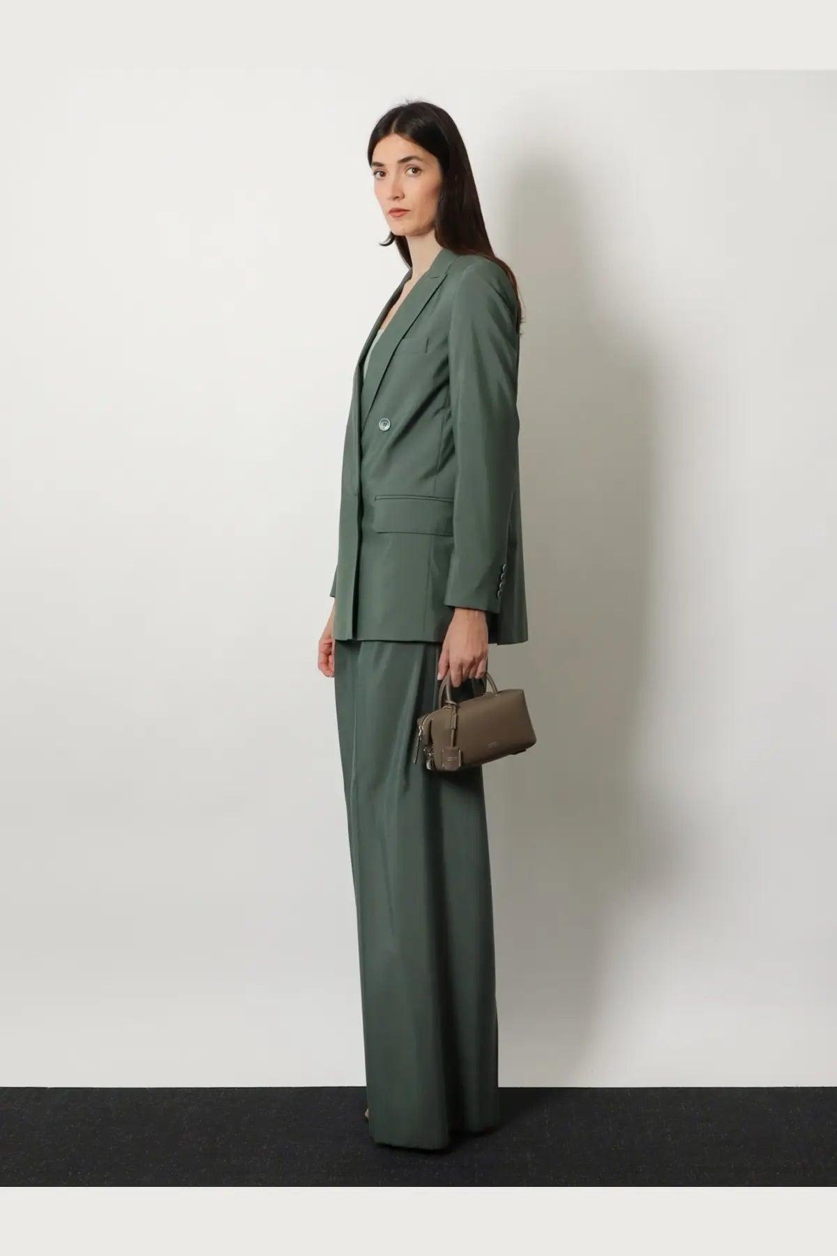 Olive green tailored blazer with double-breasted front and structured shoulders for max mara handbags look