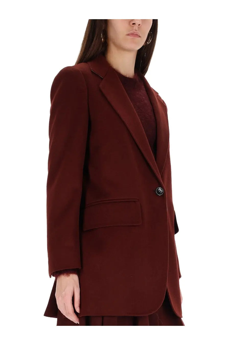 Max Mara women’s Ariccia red blazer in rich burgundy wool with single button closure and structured lapels