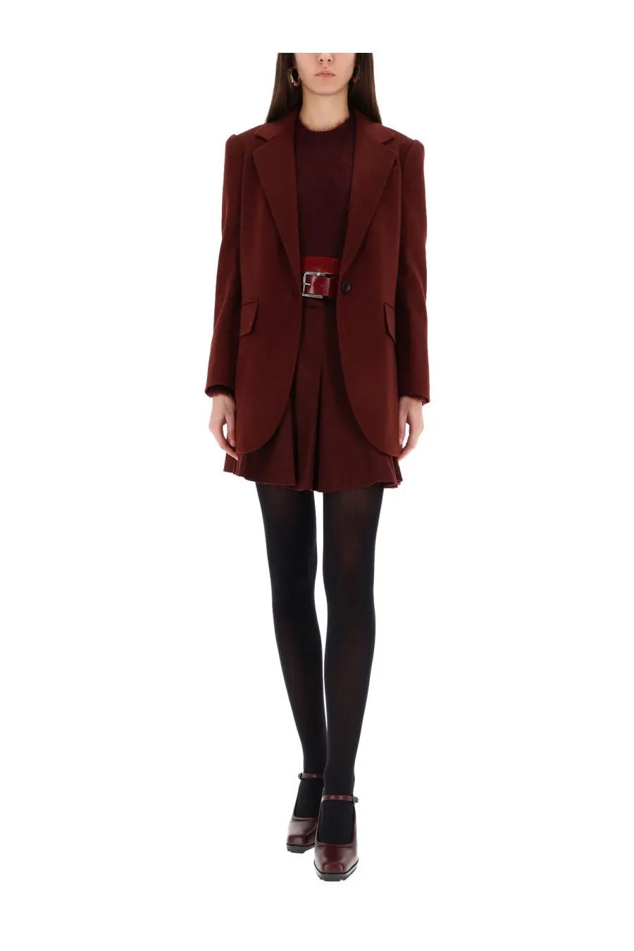 Max mara women’s structured maroon blazer with notched lapel and matching belt in ariccia red