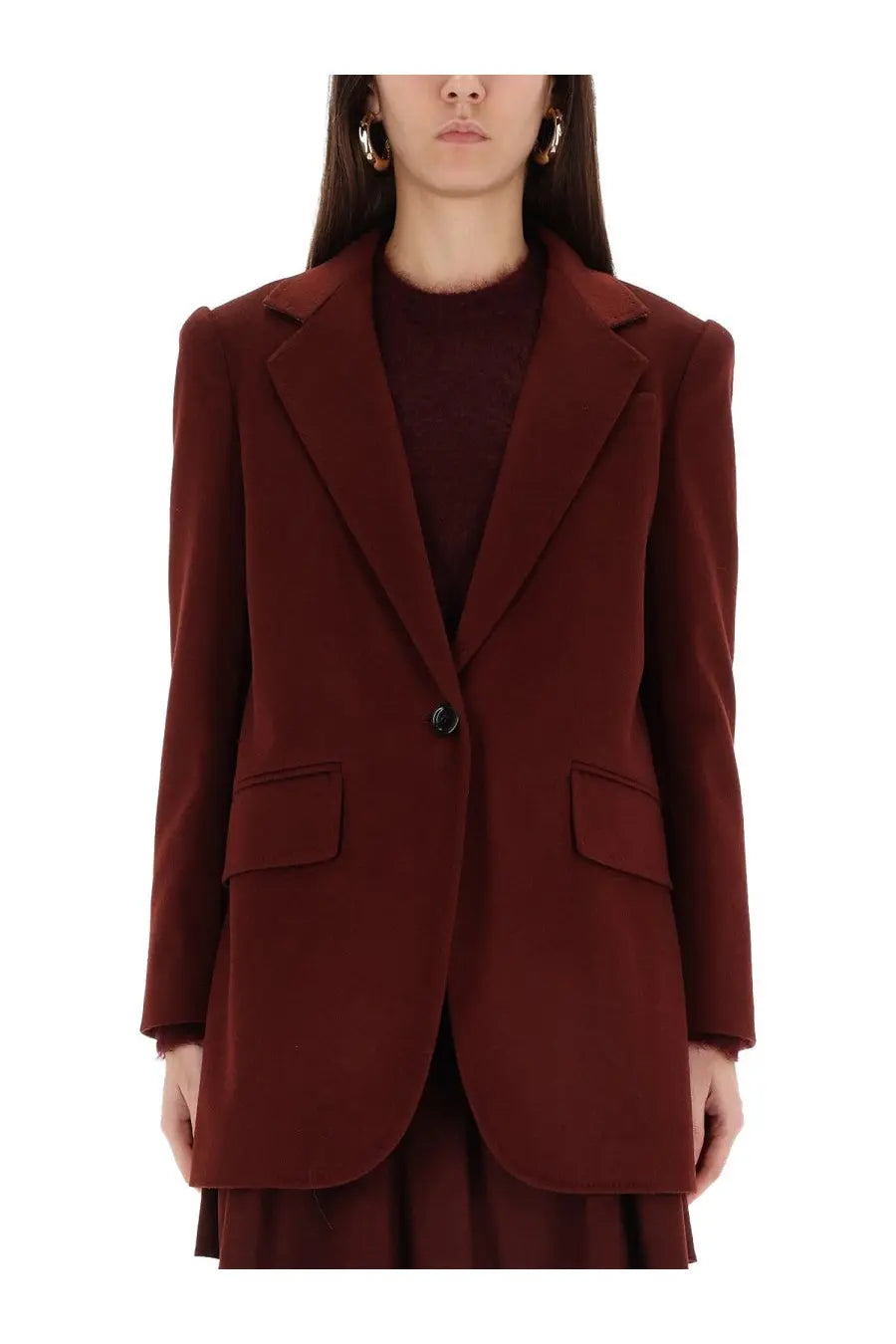 Max Mara women’s structured single-breasted maroon blazer with notched lapels and flap pockets Ariccia red jacket