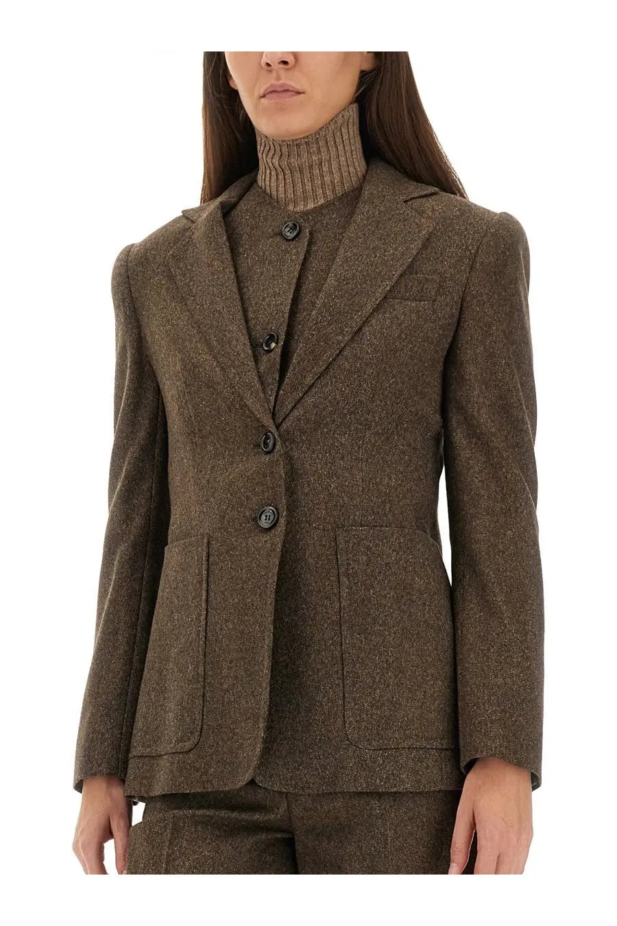 Max Mara women’s blazer Bermuda12 brown tweed jacket with dark buttons and tailored structured fit