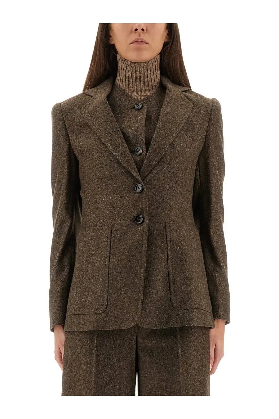 Max Mara Women’s brown tweed blazer Bermuda12 with textured herringbone pattern and three dark buttons