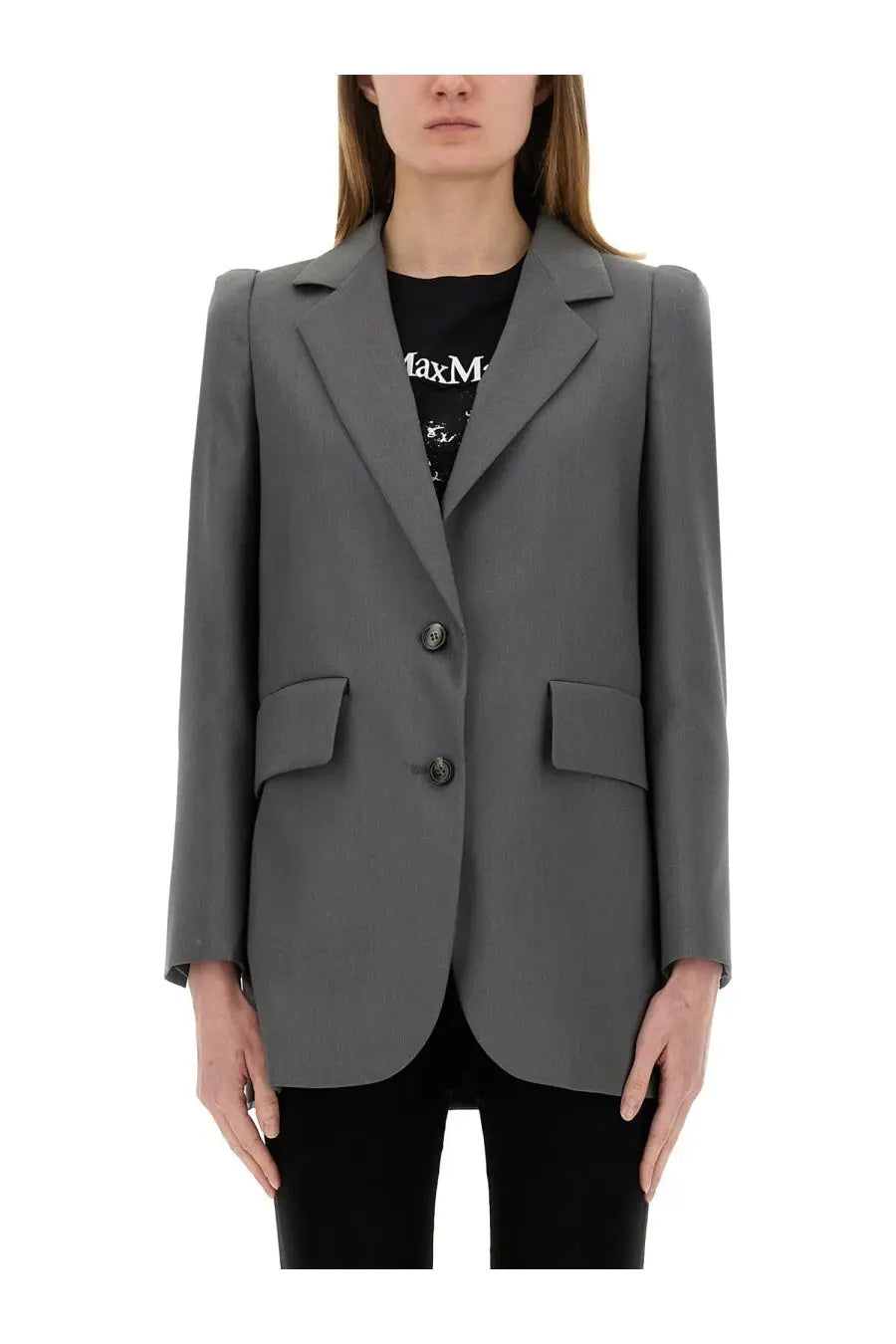 A tailored gray Max Mara women’s blazer with structured shoulders and two front flap pockets in Hebrides grey