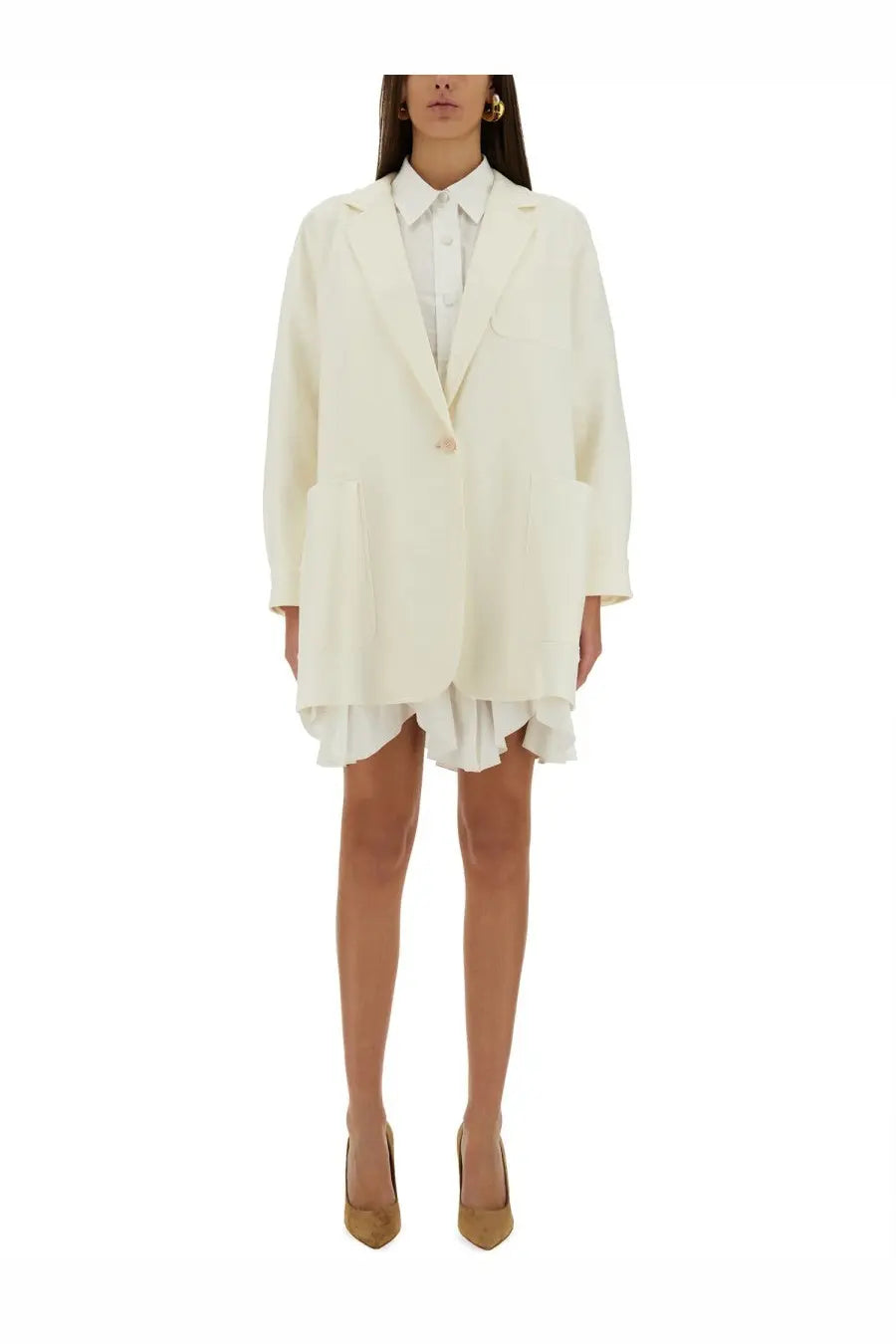 Cream-colored max mara women’s oversized blazer with relaxed fit and ruffled hemline in soft fabric