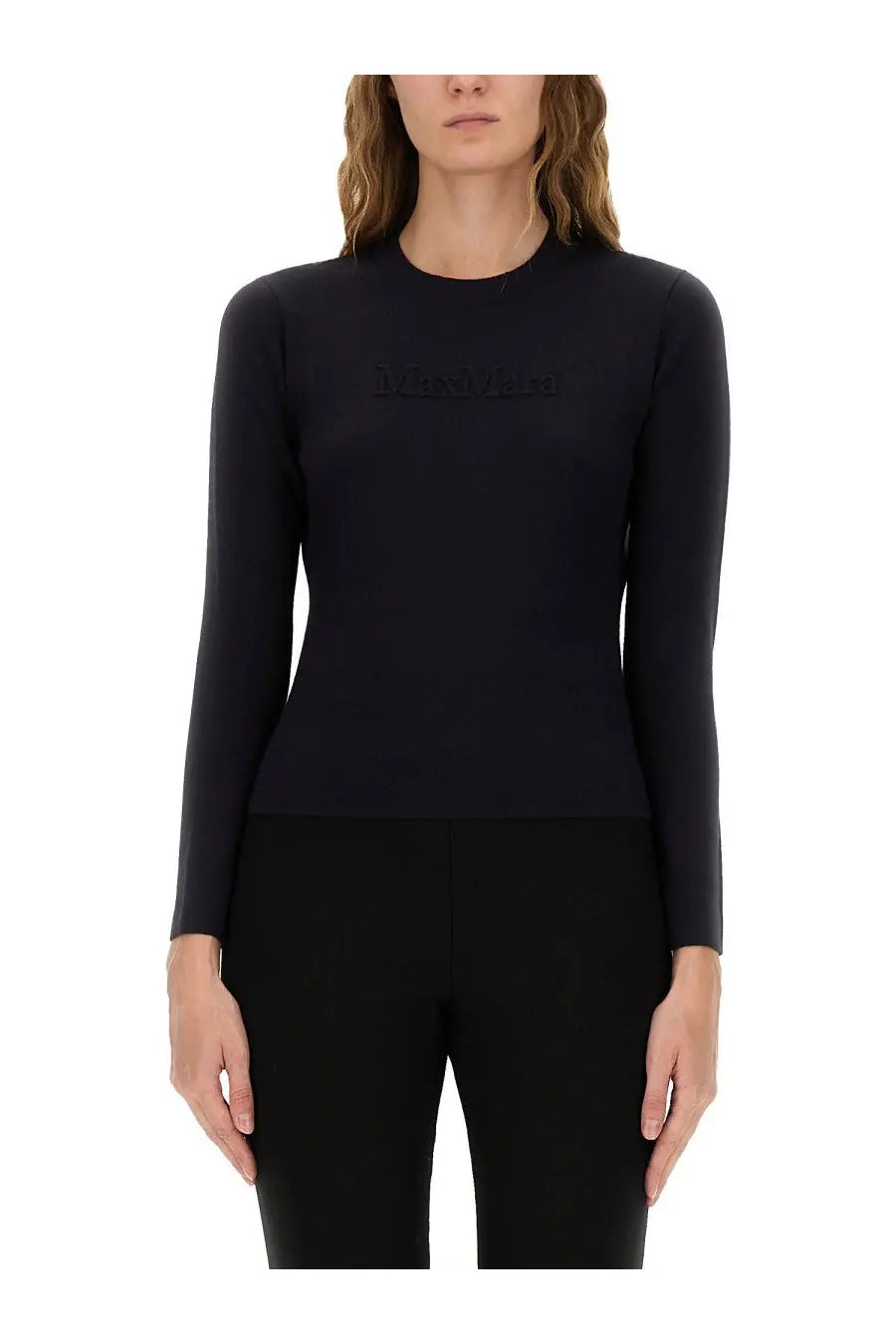Max mara women’s black jersey long-sleeved top with subtle embroidered logo across the chest
