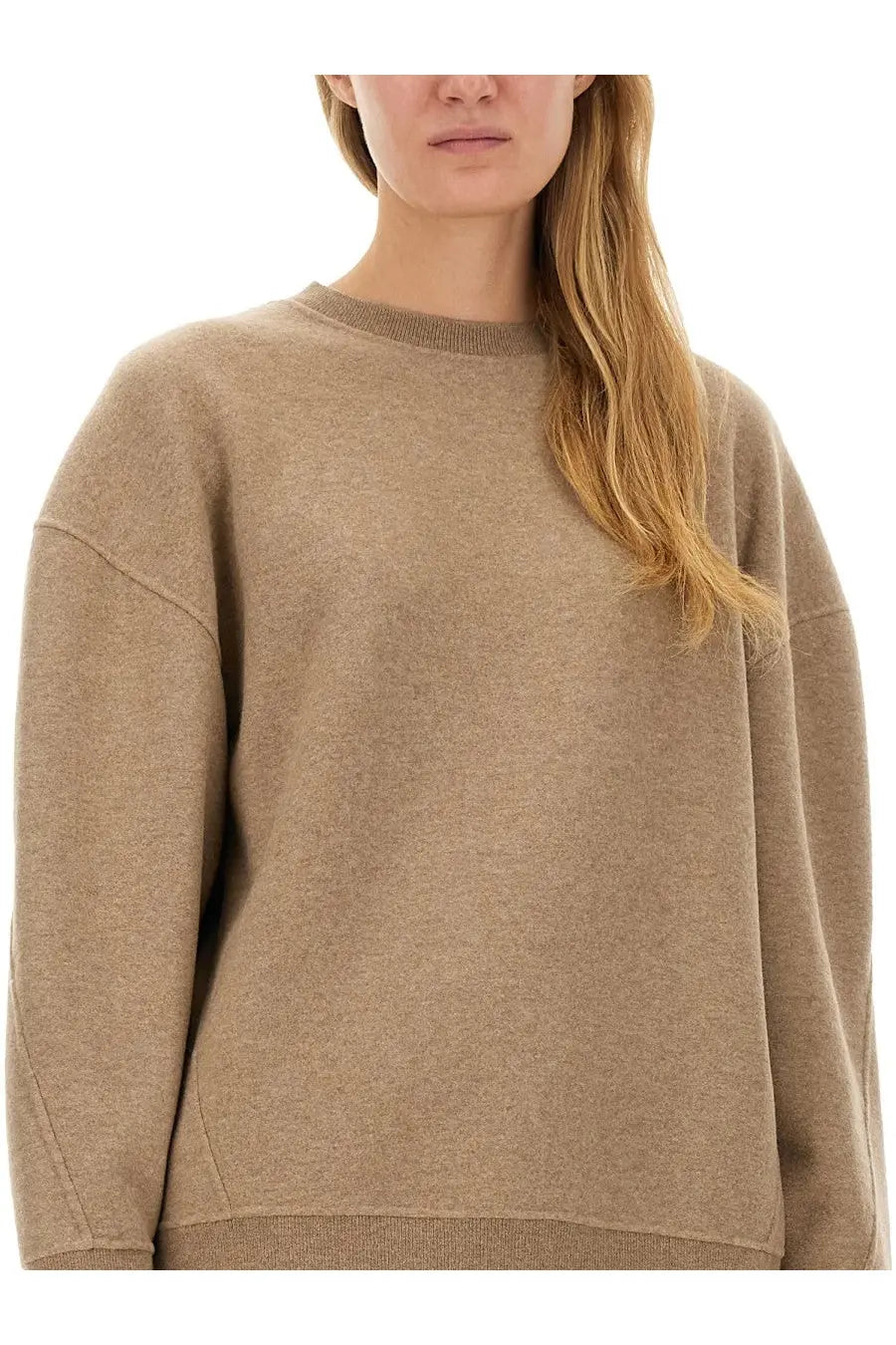 Beige oversized knit sweater by Max Mara with soft textured fabric and ribbed crew neckline for women