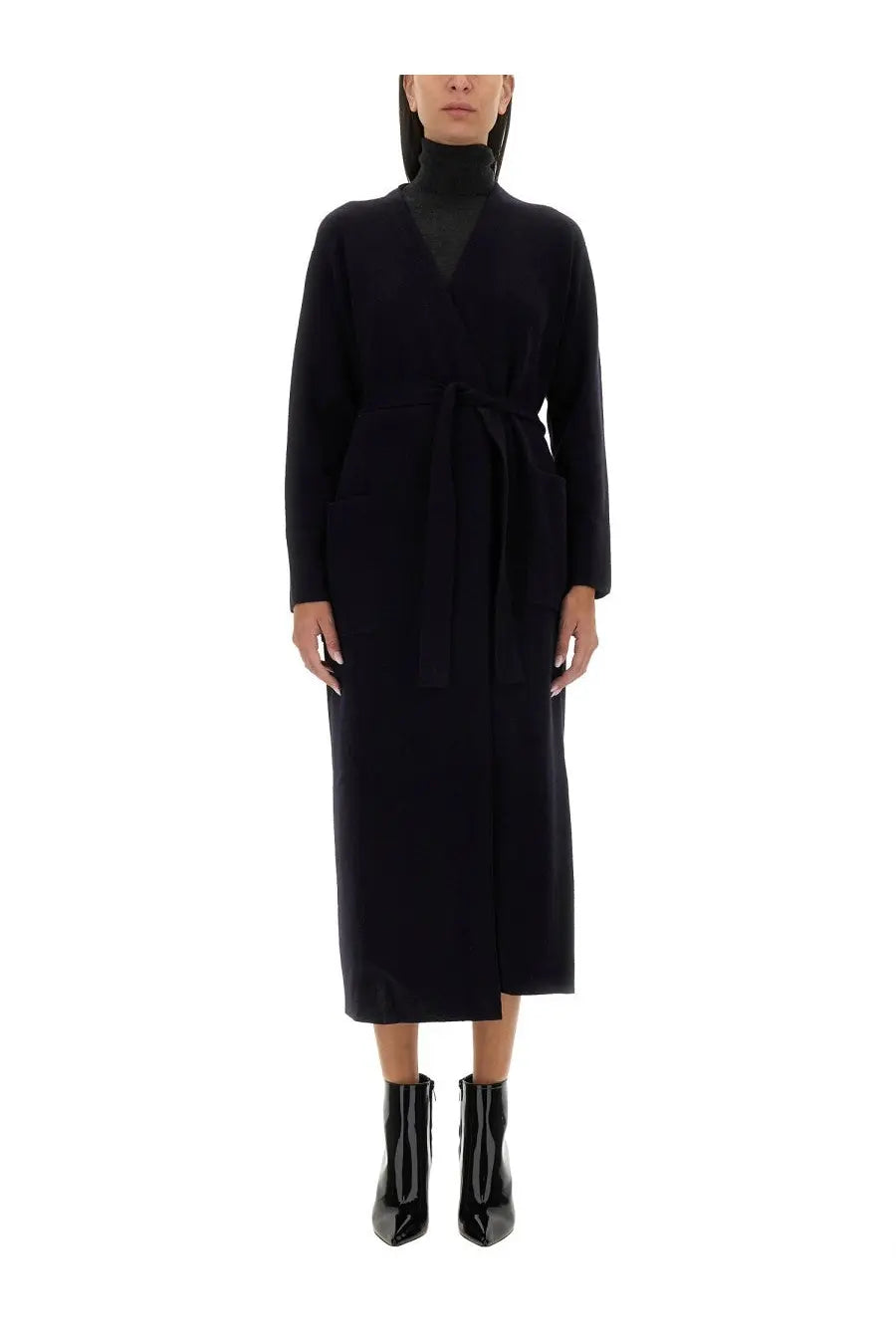 Black wool wrap coat with high collar and matching belt in Max Mara women’s jersey gestro blue collection