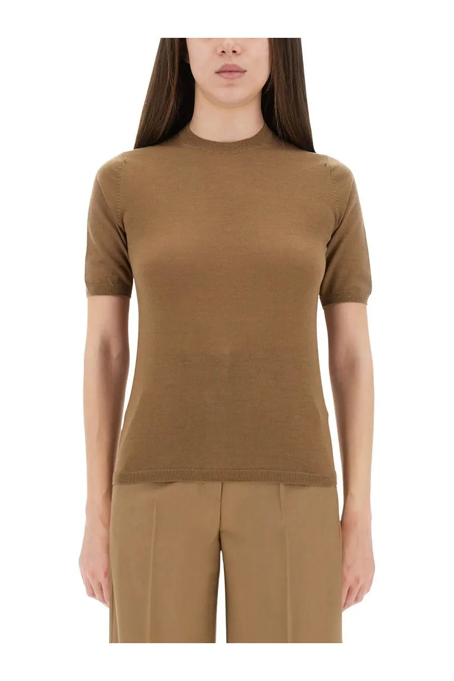 Max Mara women’s jersey jeric brown camel short-sleeved knit top with high neckline and ribbed cuffs and hem