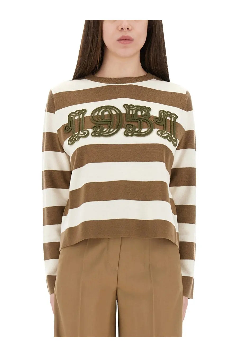 Max Mara women’s jersey Viterbo sweater in brown and white stripes with olive green 1954 embroidery on the chest