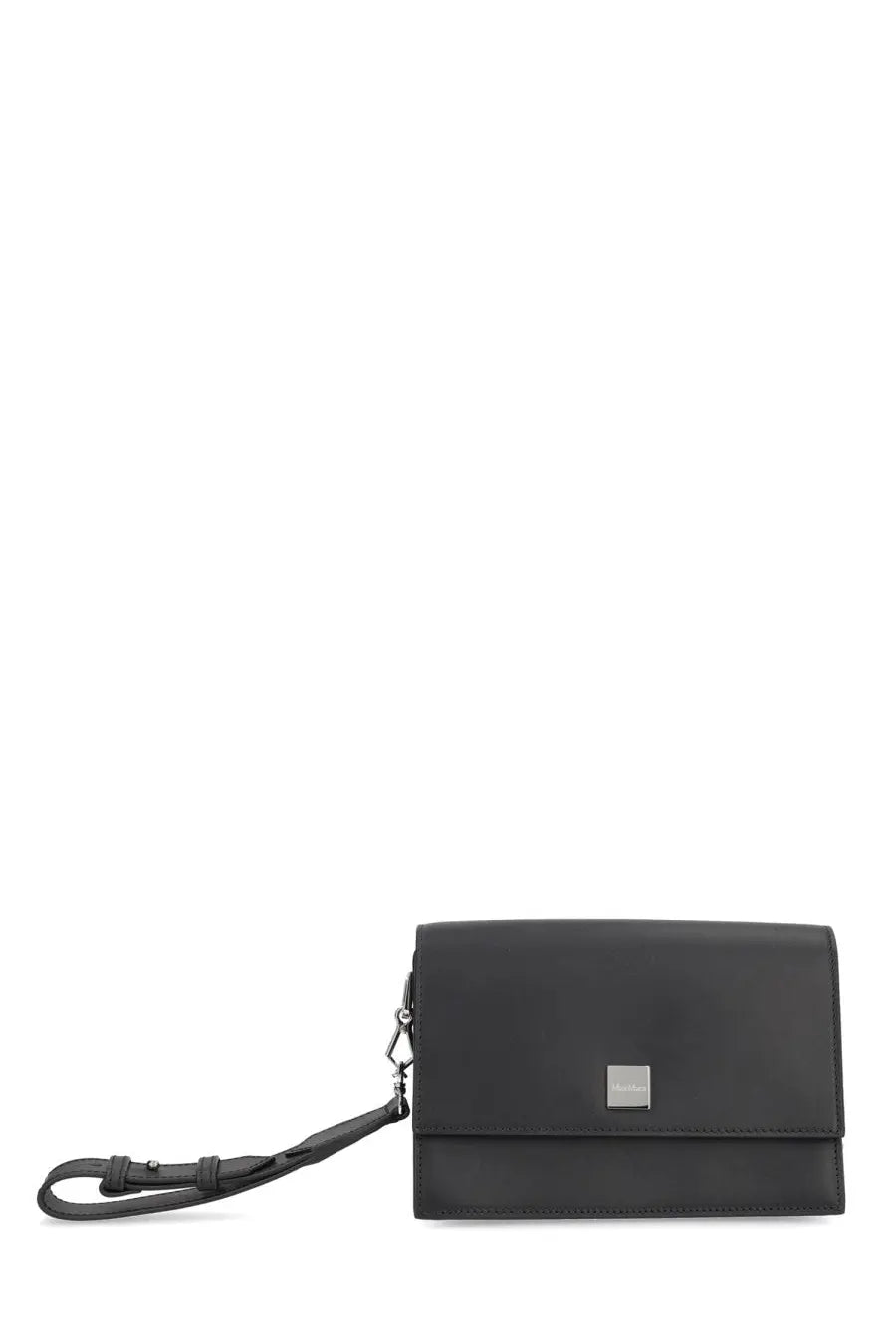 Max mara women’s black leather crossbody clutch with minimalist design and silver-tone rectangular logo plaque