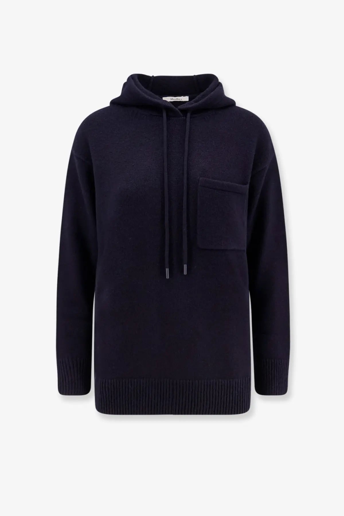 Max mara women’s liana dark navy knit cashmere and wool hoodie with front pocket and drawstring hood