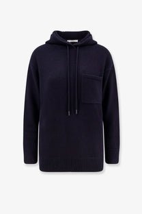 Max mara women’s liana dark navy knit cashmere and wool hoodie with front pocket and drawstring hood