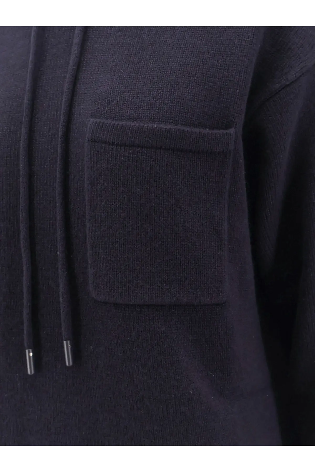 Max Mara women’s Liana dark navy knit hooded sweater with front pocket and matching drawstrings in cashmere and wool