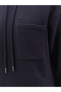 Max Mara women’s Liana dark navy knit hooded sweater with front pocket and matching drawstrings in cashmere and wool