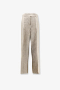 Max Mara women’s linen ginnico trousers in beige with a subtle vertical stripe and a tailored fit