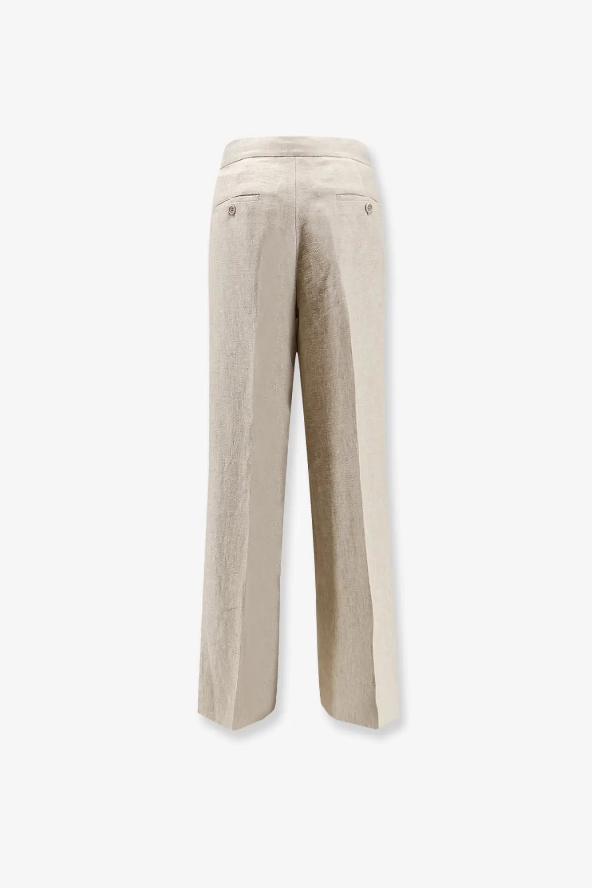 Beige max mara women’s linen ginnico trousers back side with wide-leg cut textured fabric and metallic button pockets