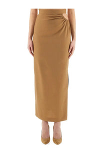 Max Mara women’s sleek tan midi skirt Navona beige with high-waisted design and distinctive side slit