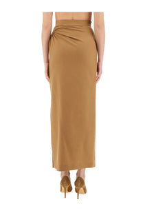 A sleek tan satin maxi skirt with high waist and subtle side slit from max mara women’s navona beige collection