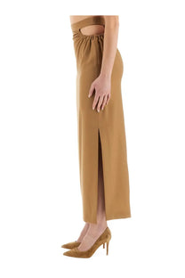 Max Mara women’s navona beige long skirt with tan high-waisted wide-leg trousers front slit elastic waistband