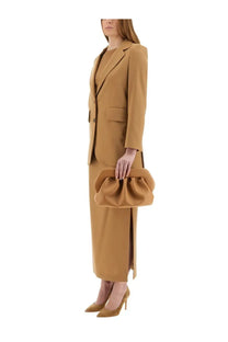 Tan wool clutch with soft gathered texture and structured handle paired with max mara navona beige long skirt
