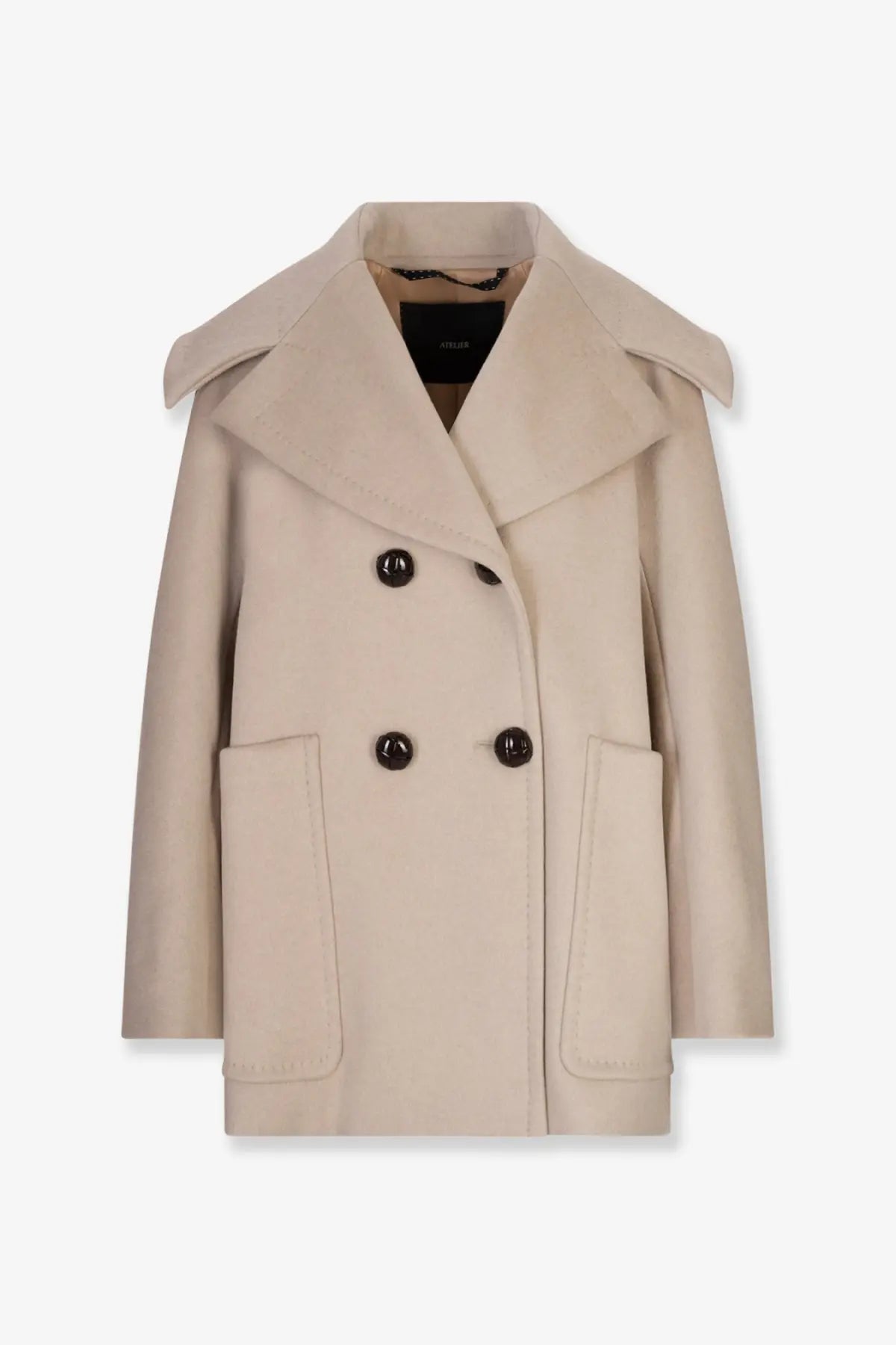 Max Mara women’s Mario double breasted cashmere coat beige with dark brown buttons and structured collar front view