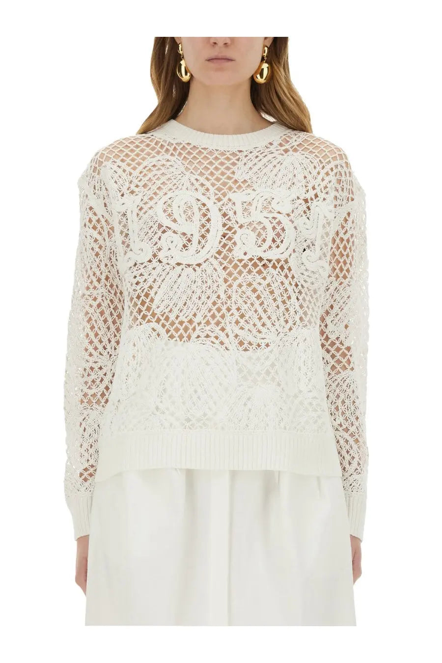 White lace-knit mesh sweater with embroidered 95 design by max mara women’s collection in white