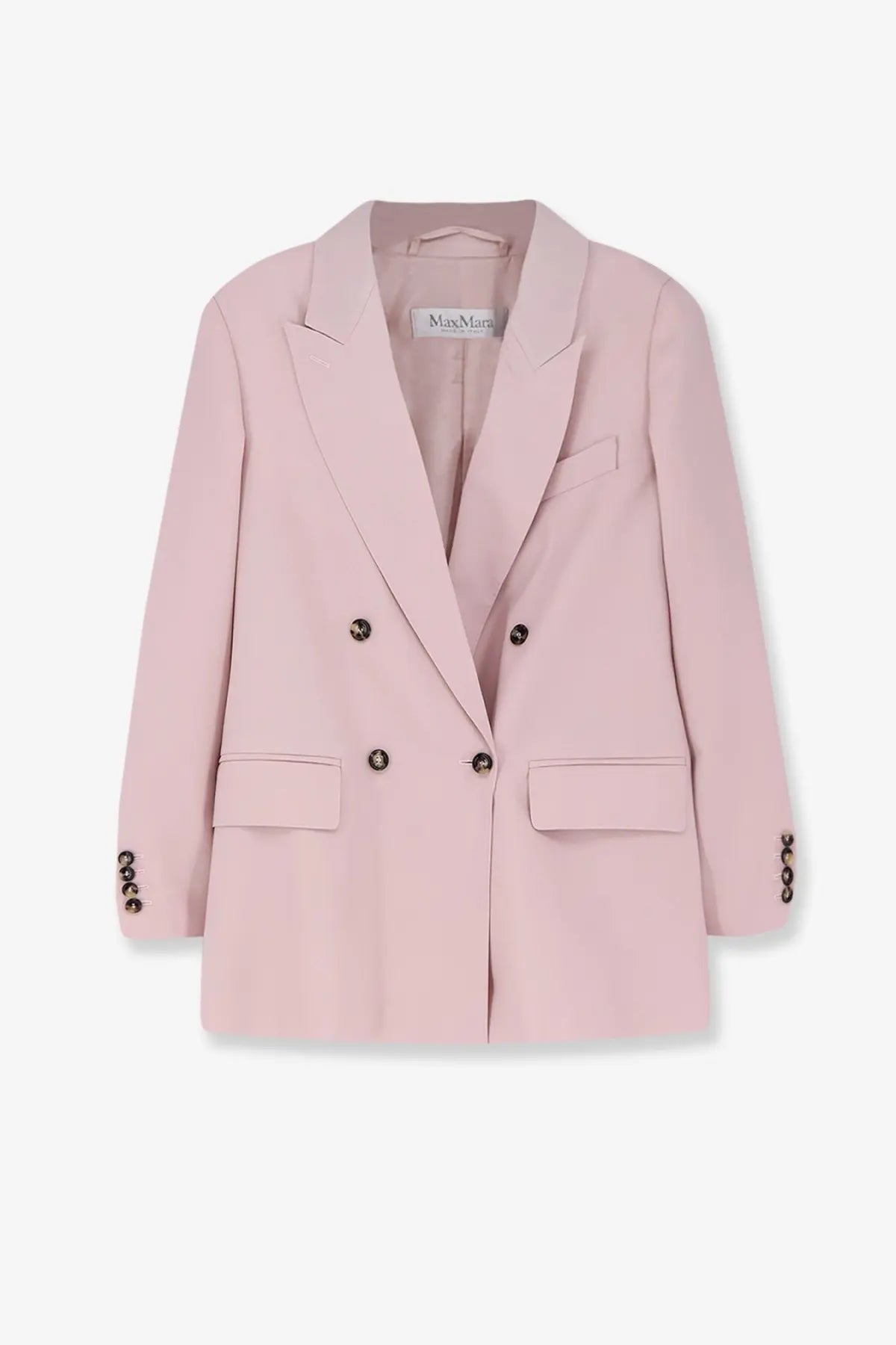 Max Mara women’s soft pink double-breasted ombrosa blazer in mohair and silk blend with black buttons