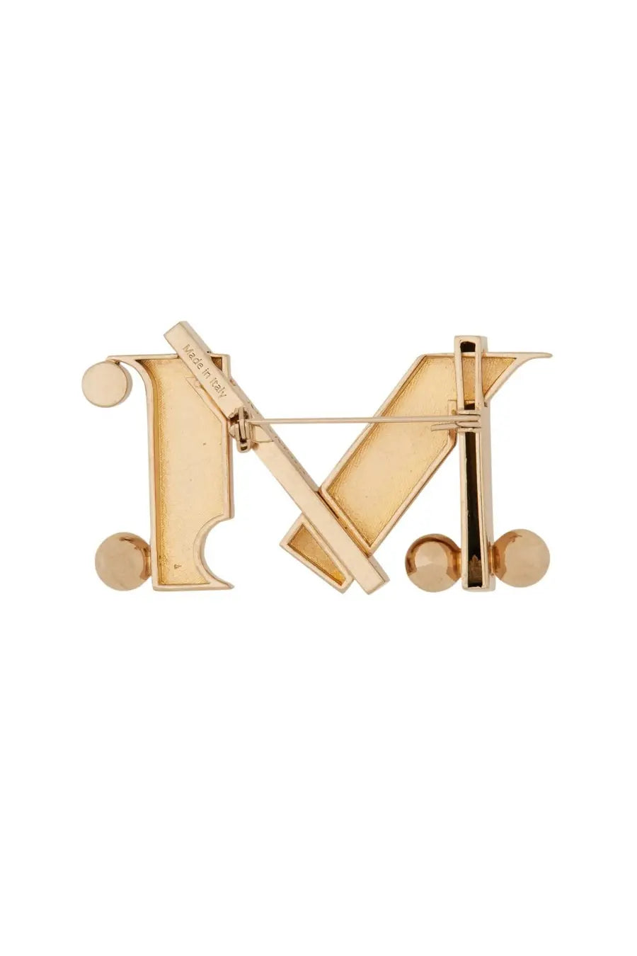 Max Mara women’s monogram brooch gold-tone metallic with geometric cutouts and spherical accents shaped like letter m