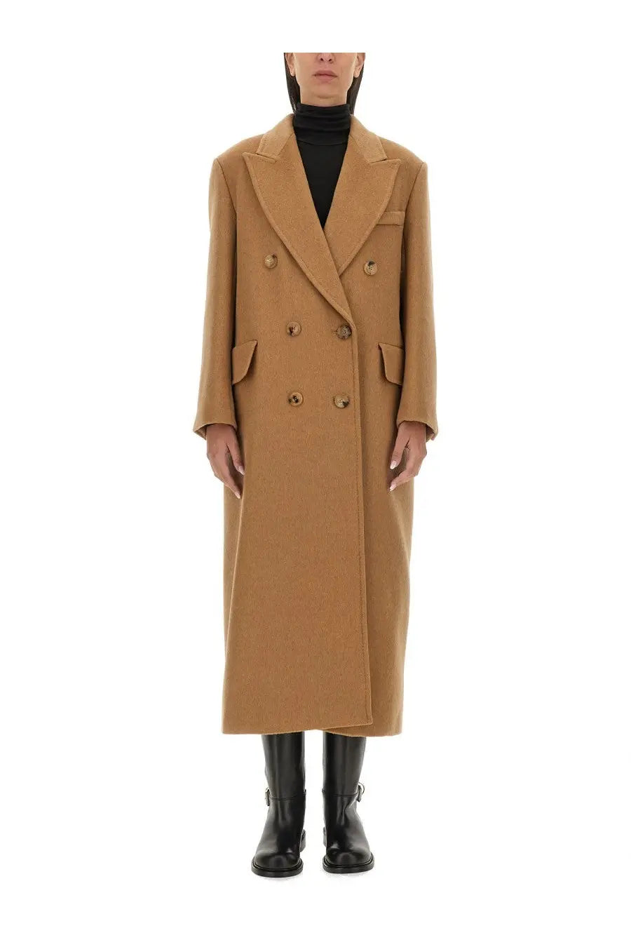 Max Mara women’s mushroom coat beige camel-colored double-breasted wool with gold-toned buttons and structured lapels