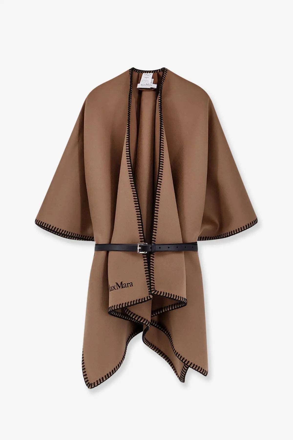Tan max mara virgin wool cape with black stitched trim and matching belt in brown shown from the back side