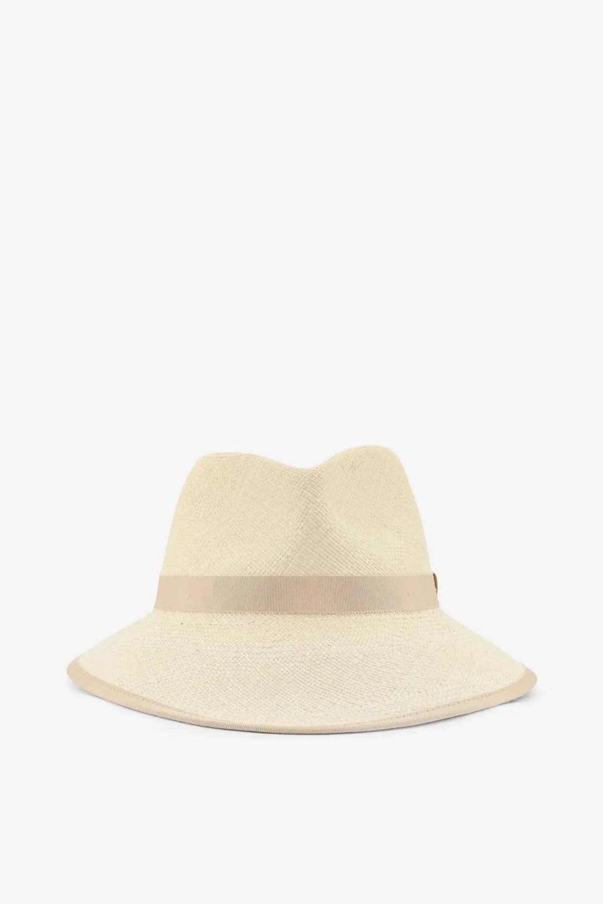 Max Mara women’s mxadolmen beige panama straw fedora hat with woven texture and matching ribbon band