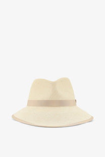 Max Mara women’s mxadolmen beige panama straw fedora hat with woven texture and matching ribbon band