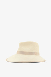 Beige woven panama straw fedora hat with matching ribbon band by max mara for women