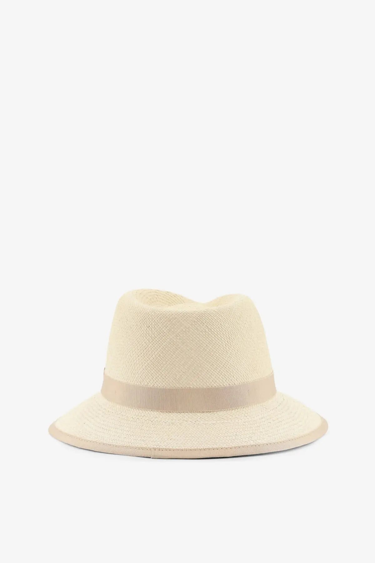 Max mara women’s mxadolmen panama straw hat beige featuring a beige woven fedora style with matching ribbon band