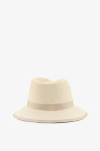 Max mara women’s mxadolmen panama straw hat beige featuring a beige woven fedora style with matching ribbon band