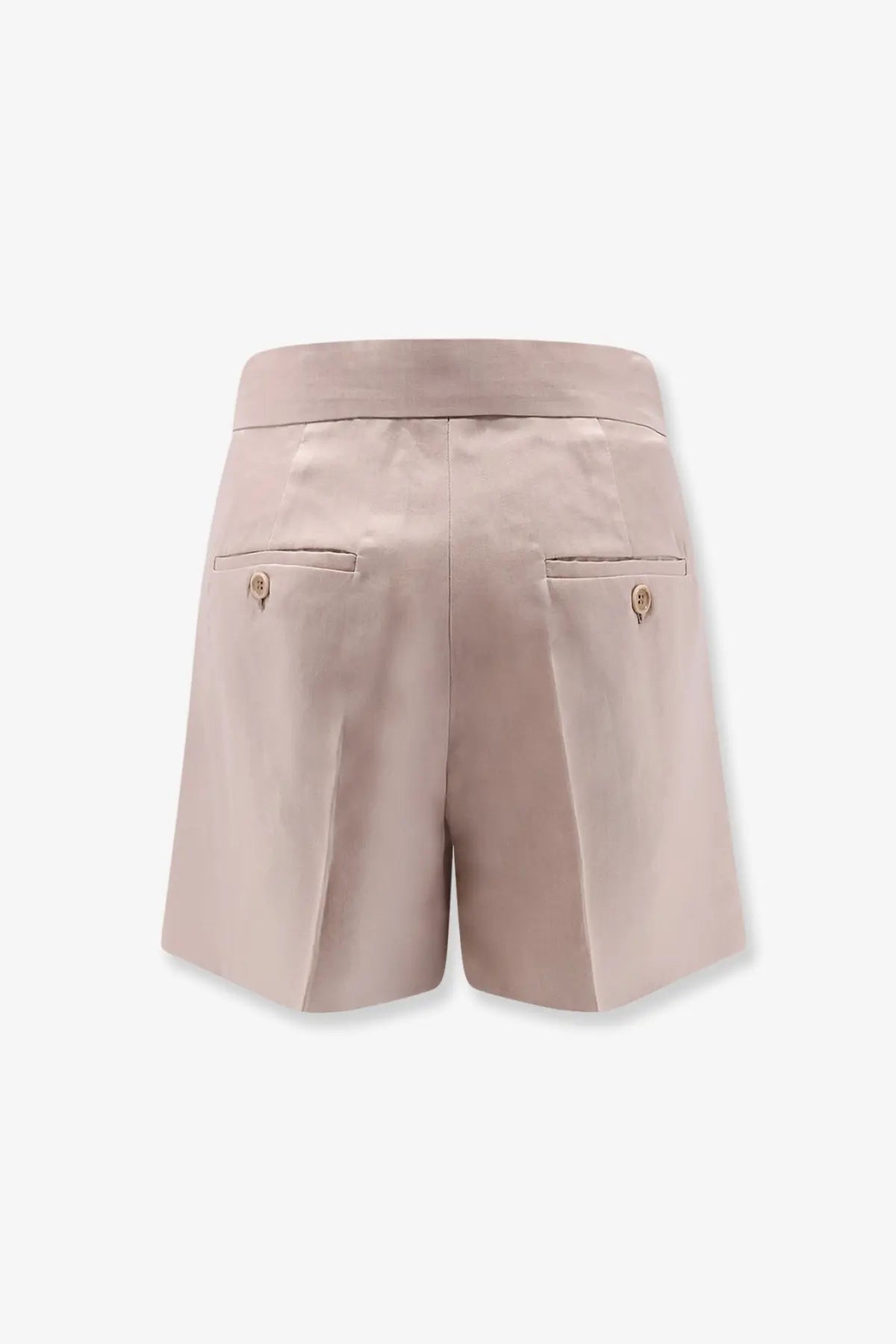 Beige satin Max Mara women’s mxaerosi silk shorts with high waist and buttoned back pockets shown from the back