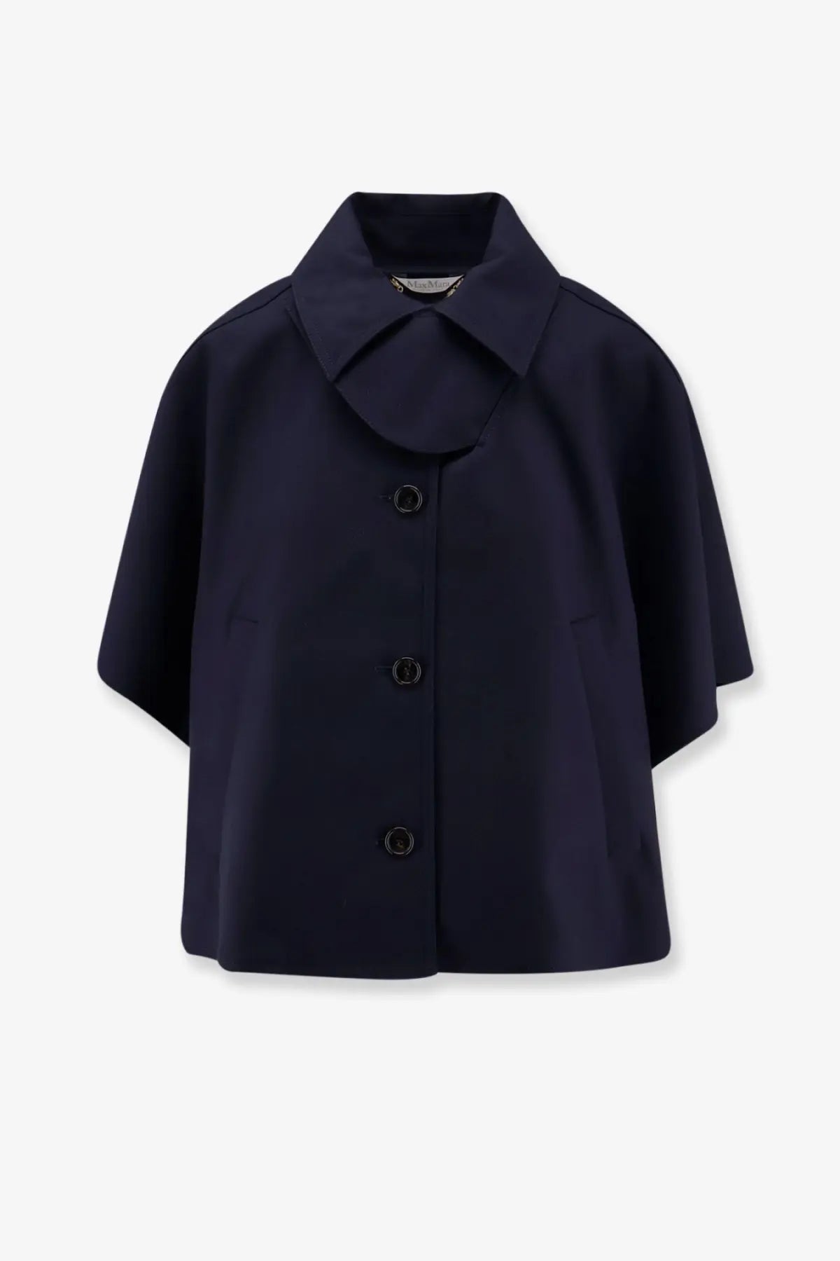 Max Mara women’s Mxapaggio navy blue cotton cape-style coat with structured collar and three black buttons down front