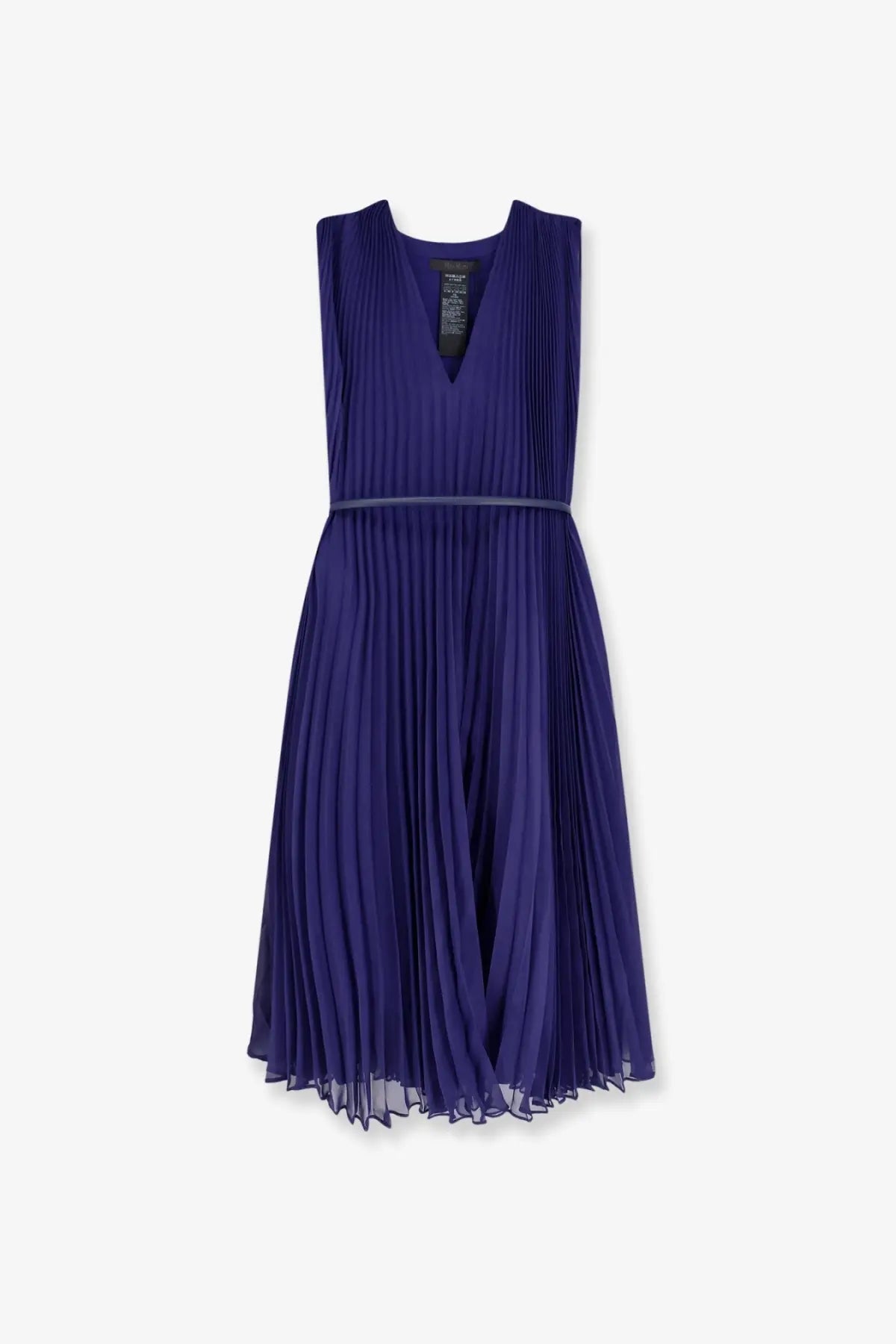 Max Mara women’s mxecapsula long dress in deep purple pleated fabric with v-neckline and matching belt