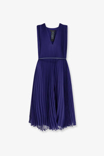 Max Mara women’s mxecapsula long dress in deep purple pleated fabric with v-neckline and matching belt