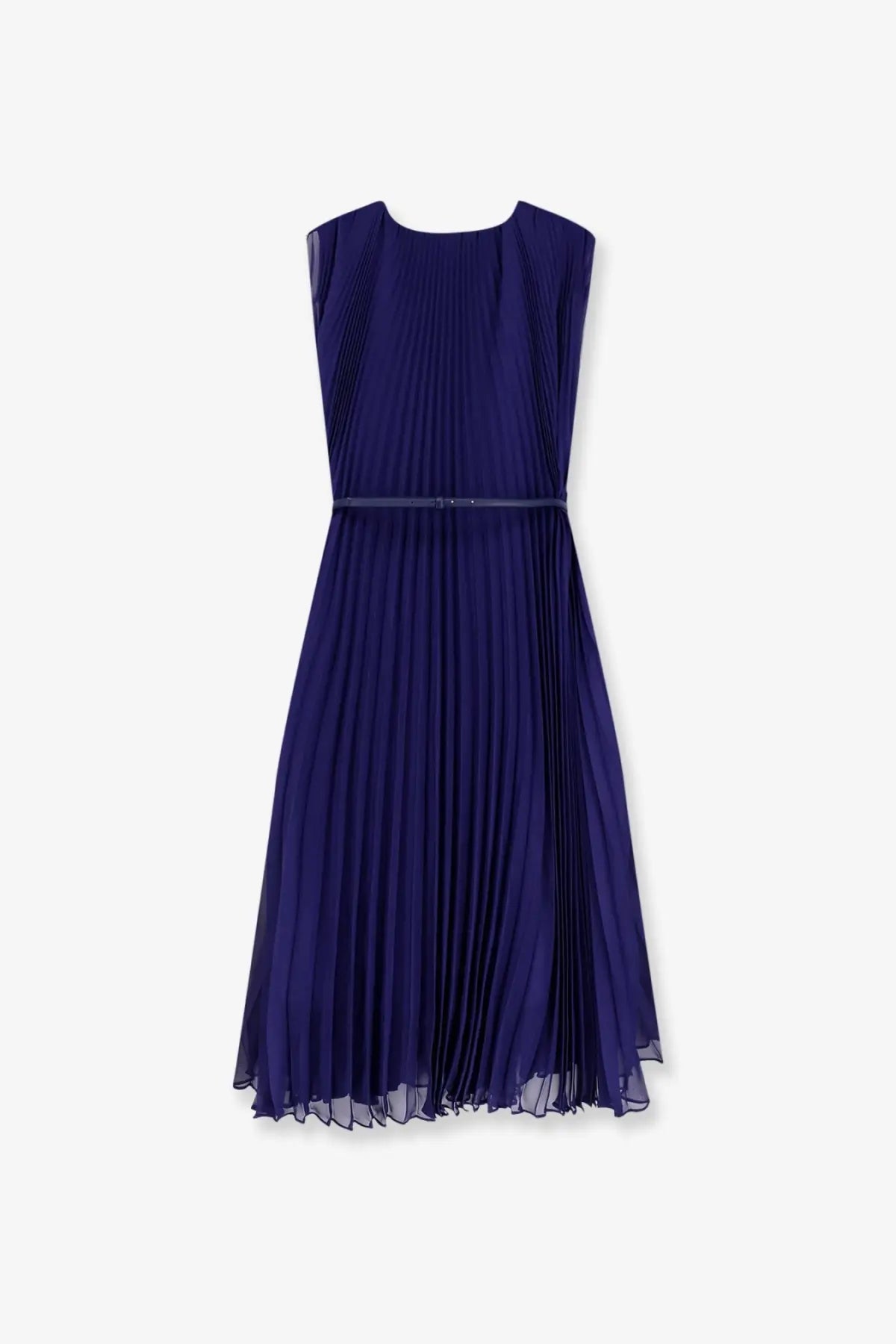 Max Mara women’s Mxecapsula long navy blue sleeveless pleated dress with matching belt for elegant occasions