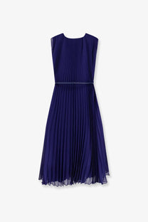 Max Mara women’s Mxecapsula long navy blue sleeveless pleated dress with matching belt for elegant occasions