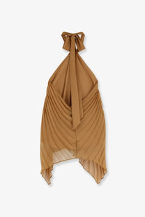 Max mara women’s mxevalzer camel-colored sheer pleated chiffon halter top with draped front and tied neck detail