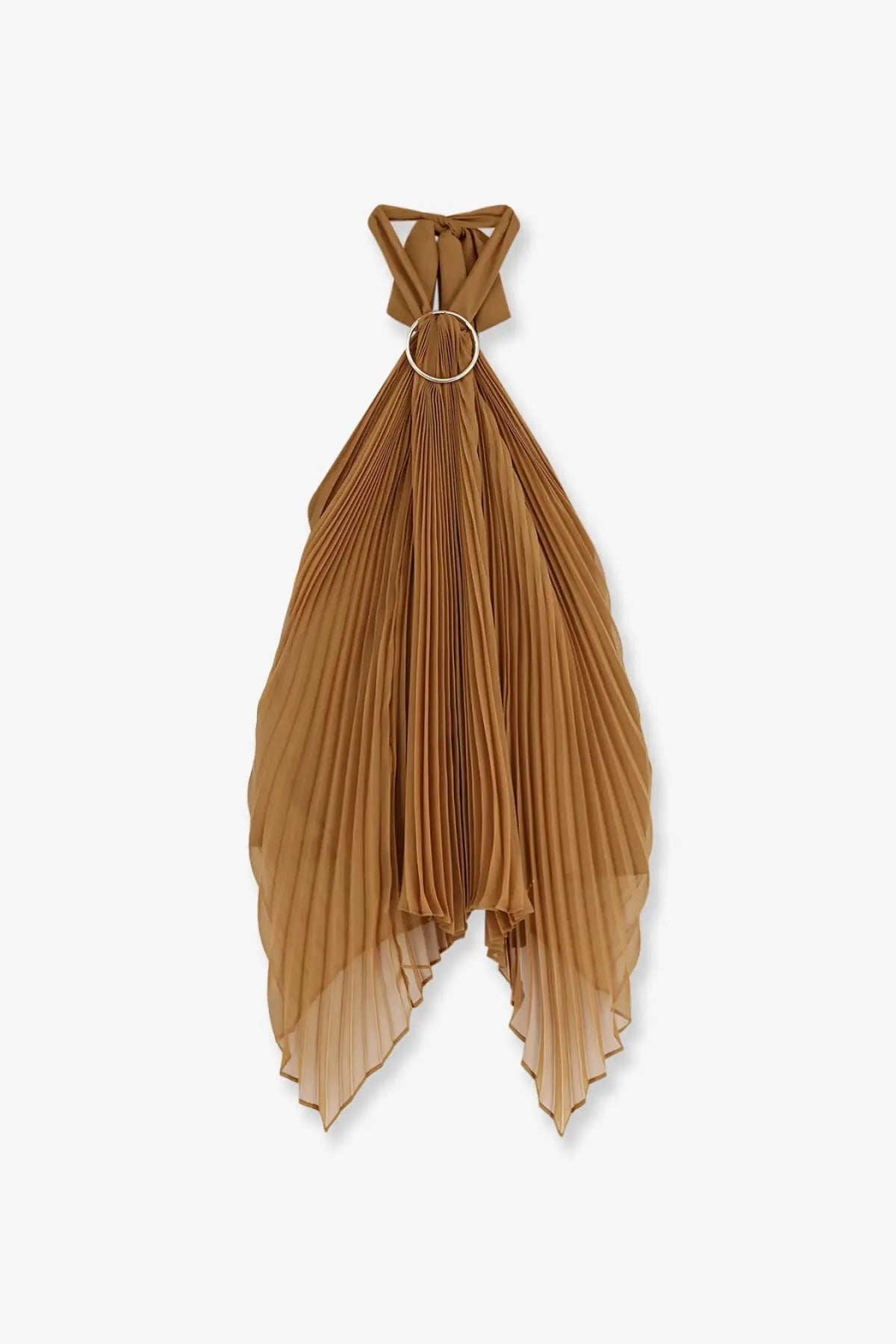Max Mara women’s mxevalzer pleated top beige flowing caramel-colored halter dress with circular metal ring neckline