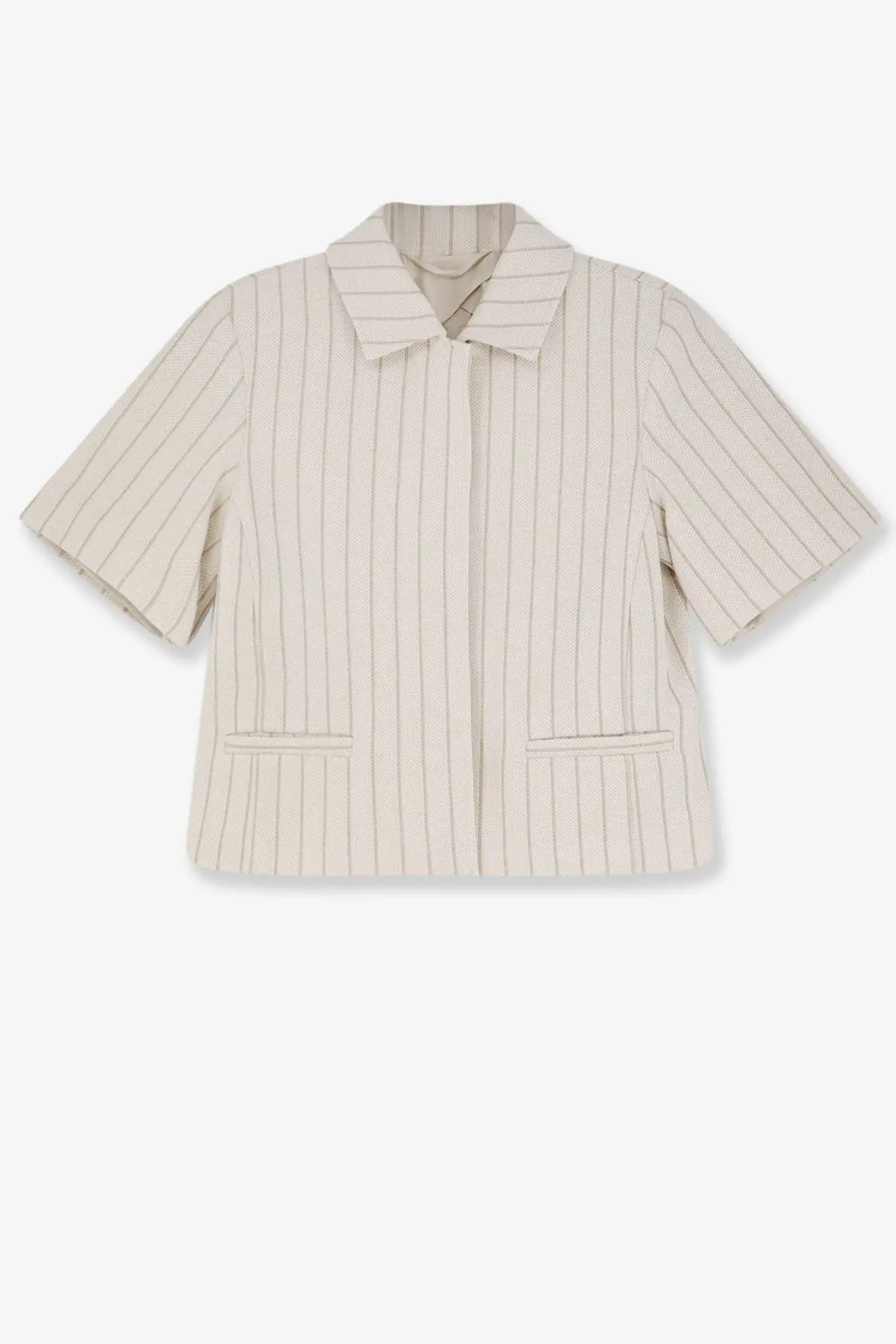 Beige cotton short-sleeved blazer with fine vertical pinstripes and classic collar from max mara women’s mxmangio collection