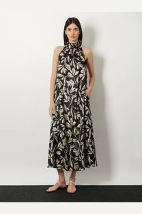 Max Mara women’s mxmcartone silk dress in black with cream leaf pattern and halter neck high neckline midi length
