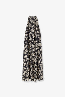 Max mara womens mxmcartone black silk dress featuring a black maxi skirt with a delicate cream leaf pattern